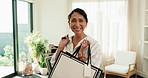 Face, shopping and woman with bags in home excited for purchase, discount and retail therapy. Portrait, bedroom and person with parcel for deal, fashion promotion and store sale for weekend outing