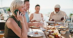 Phone call, lunch and woman with friends on vacation reunion, communication and luxury resort update. Mature people, food and talking on mobile on holiday outdoor, smile and relax at social gathering