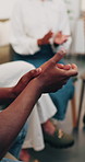 Hands, person and applause in office for therapy, good news and success of sobriety milestone. People, clapping or celebration for group counseling, motivation and achievement on overcoming addiction
