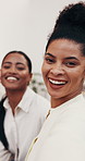 Selfie, laugh and face of business women in office for social media, memory and about us. Portrait, pov and creative people with smile for photo, profile picture or capture moment for company website
