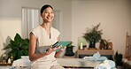 Smile, woman and face at spa with tablet, massage preparation and schedule for hospitality. Portrait, masseuse and digital tech at resort with booking confirmation, appointment and treatment agenda