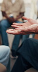 Counseling, advice or hands in office with group, feedback or evaluation in mental health clinic. Woman, patient or therapist with support, communication or professional guidance in therapy session.