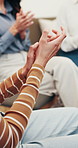 Hands, woman and applause in office for therapy, good news and success of sobriety milestone. People, clapping and celebration for group counseling, motivation and achievement on overcoming addiction