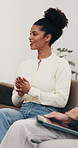 Counseling, smile or woman with discussion, support group and communication in mental health clinic. Psychology, wellness and people in office with conversation, empathy and sharing story for advice.