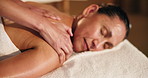 Spa, woman and sleep on bed with massage, pamper treatment and hospitality in luxury accommodation. Calm, mature person and relax in hotel with self care, masseuse and wellness retreat for serenity.