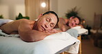 Relax, woman and sleeping on massage table for couple spa, muscle comfort and luxury self care. Hospitality, mature client and resting for post body pamper, healing therapy and duo treatment package