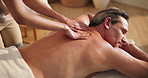 Relax, man or therapist at spa with back massage, deep tissue or luxury service for chronic pain. Unwind, mature client and masseuse with pressure technique, body pamper or healing therapy for relief