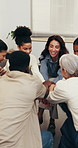 Smile, people or hands together with support group for social inclusion, mission or cohesion. Happy community, pilling or stack with applause for counseling session, team building or collaboration