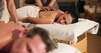 Relax, woman and hot stone at couple spa for back massage, muscle tension relief or luxury service. Wellness, mature client or therapist for full body pamper, healing therapy or duo treatment package