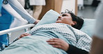 Gurney, patient and nurses push for healthcare transport, emergency or transfer in hospital hallway. People, medical team and moving stretcher for clinic relocation, care transition or admission
