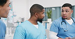 Nurses, walk or team discussion for healthcare plan, case evaluation or treatment review with binder. Advice, men and talking in hospital with medical checklist, diagnosis records or admin schedule