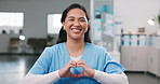 Face, woman and nurse with hand heart, kindness and appreciation for medical support. Portrait, happy person and specialist at clinic with love gesture, thank you and gratitude for healthcare service