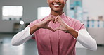 Hands, woman and nurse in hospital with heart, kindness and appreciation for medical support. Smile, person and specialist at clinic with love gesture, thank you and gratitude for healthcare services