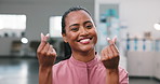 Face, woman and nurse with finger heart, kindness and nomination appreciation of medical support. Portrait, smile or person at clinic with love gesture, thank you and gratitude for healthcare service