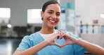 Face, woman and nurse at clinic with heart, kindness and nomination appreciation of medical support. Portrait, happy person or nursing with love gesture, thank you and gratitude of healthcare service