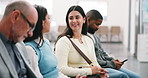 Healthcare, woman and people in waiting room with chat, service review and talking in line. Patient, group and discussion at medical practice for recommendation, advice and patience for appointment