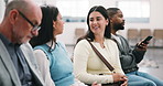 Healthcare, woman and people in waiting room with talk, service review and chatting in line. Patient, group and discussion at medical practice for recommendation, advice and patience for appointment