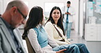 Medical, woman and people in waiting room with talk, service review and discussion in line. Patient, group and chatting at healthcare practice for recommendation, advice and patience for appointment