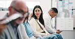 Medical, woman or people in waiting room with advice, service review or conversation in line. Patient, group or chat at busy practice for recommendation, health discussion or patience for appointment