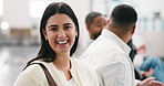 Medical, face or woman in clinic with waiting room, good mood or relaxed patient at hospital checkup. Healthcare, consultation or person with laugh, positive attitude or happy moment in seating area.