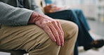 Anxiety, hand and person in waiting room for recruitment appointment, job search and hr pressure. Line, interview candidate and impatient man with hiring opportunity, stress or nervous in office