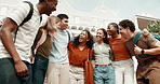 Students, laughing and huddle at college for support, people talking and motivation at campus. Excited friends, group and hug outdoor for academic solidarity, funny community and team diversity