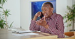 Angry, phone call and old woman with paperwork in house, financial planning or talking with contact. Retirement, advice and senior black person with mobile, upset and discussion for insurance policy