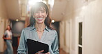 College, face and mature woman with clipboard, campus educator and confidence as academic advisor. Flare, laugh and happy professor with checklist, university lecturer or about us in higher education