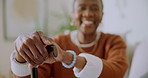 Home, face and senior woman with walking stick for wellness, support and balance in retirement. Happy, portrait and elderly African person with cane for help, arthritis and mobility assistance