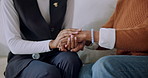 Comfort, holding hands and nurse with senior woman for bonding, support and empathy on sofa. Retirement, compassion and caregiver with elderly patient for medical service, care or connection for help