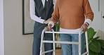 Help, walking cane and nurse with senior woman in home for support, guide and assisted living. Retirement, hands and caregiver with elderly patient for balance, mobility and aid for movement
