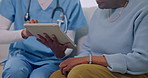 Hands, tablet and nurse with senior woman for checkup, consulting and medical report on sofa. Retirement, home and caregiver with elderly patient on tech for health results, support and talking