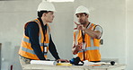 Construction, men or pointing for building planning, strategy or property renovation on site. Male people, contractor or civil engineer project with discussion for architecture, safety or security