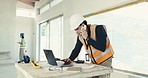 Engineer, phone call and man with laptop at construction site, coordination or progress update. Tech, person and talking to client for renovation design, building development or project status report