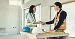 Construction, people and contractor with handshake for building partnership or deal together. Woman, man or civil engineer shaking hands for teamwork, architecture renovation or onboarding project