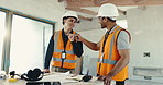 Engineer, men and fist bump with blueprint for success, renovation design or goals for collaboration. Happy, team and remodeling home with celebration for engineering layout, milestone or achievement
