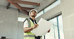 Construction, inspection and man with blueprint for building planning, safety or security. Male person, contractor or civil engineer checking property with floor layout for maintenance job on site