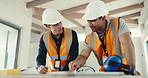 Engineering, team and talk with blueprint for home renovation, advice and property development plan. Engineer, men and remodeling house with layout for real estate project, design and conversation.