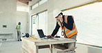 Laptop, phone call and man at site for construction, coordination or client update for progress. Tech, engineer and person talking for renovation design, building development or project status report