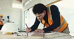 Man, writing and blueprint at construction site with laptop, engineering design or building research. Engineer, person and notes with computer for renovation layout, property development and review.