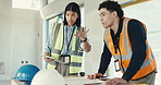 Tablet, construction or discussion with engineer blueprint feedback, schematic or project management. Tech, design document or people planning for building review, team inspection or site development