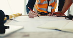 Engineer, teamwork and hands with blueprint, sketch and ideas for property development in building. Creative, drawing and people with paperwork, discussion and collaboration for renovation project