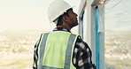 Construction, tablet or supervisor outdoor with inspection, progress track or review on renovation. Evaluation, space or man with tech, quality control or building assessment in remodeling project.