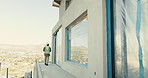 Back, man and engineer on rooftop for construction, inspection and building design for expansion. Space, male contractor or walking at site for supervision, quality assurance and architecture project