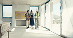 Smile, couple and architect with tablet for construction, research and blueprint for renovation. Happy, people and digital at site for architecture, evaluation and remodeling design of home expansion
