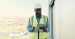 Black man, engineer and walk outdoor for tablet, research and safety checklist for construction. Space, mature person and architecture at site with digital, inspection report and progress of building