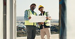 Architect, blueprint and construction team at site for planning, discussion and communication. Talking, floorplan and men together for collaboration, vision and civil engineering design outdoor
