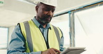 Man, engineer and tablet for construction inspection, design review or site compliance checklist. Tech, architecture and mature black person with building safety evaluation, think or  progress report