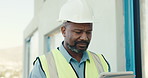 Black man, engineer and review outdoor for tablet, research and safety checklist for construction. Mature person, reading and digital at site for architecture, inspection report and building progress