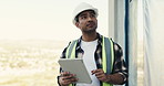 Construction, tablet or supervisor on site with inspection, progress track or review on renovation. Evaluation, space or man with tech, quality control or building assessment in remodeling project.